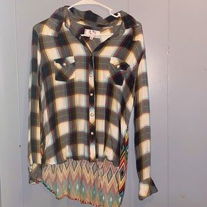 Red, orange, blue, yellow, pearl snap flannel